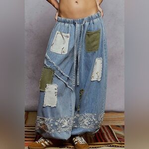POL denim lace floral patchwork gauze crochet patchwork pants barrel Jeans pants